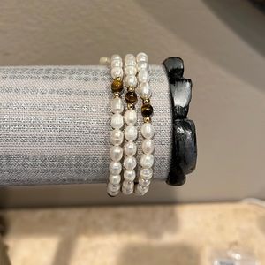 Freshwater Pearl, Tigereye Stone & Gold Plated Bead Ball Wrap Bracelet